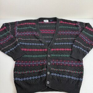 FRANKENMUTH KNIT CARDIGAN SWEATER DARK GRAY‎ MULTICOLOR STRIPE PATTERN SIZE L